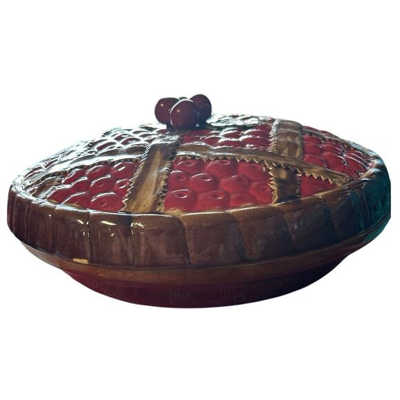 Euro Ceramic Cherry Pie Keeper Holder Covered Server Full Size - Picture 1 of 6